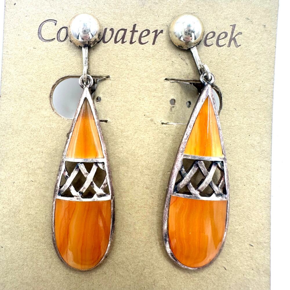 Coldwater Creek Thailand Tunisia sterling silver orange enamel clip on earrings